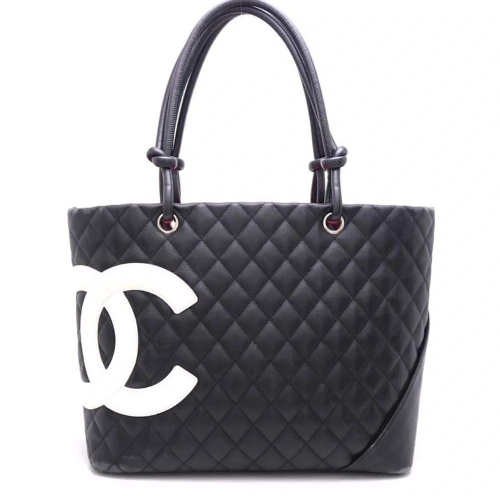 CHANEL Black Quilted Leather Shoulder Tote with White CC Emblem